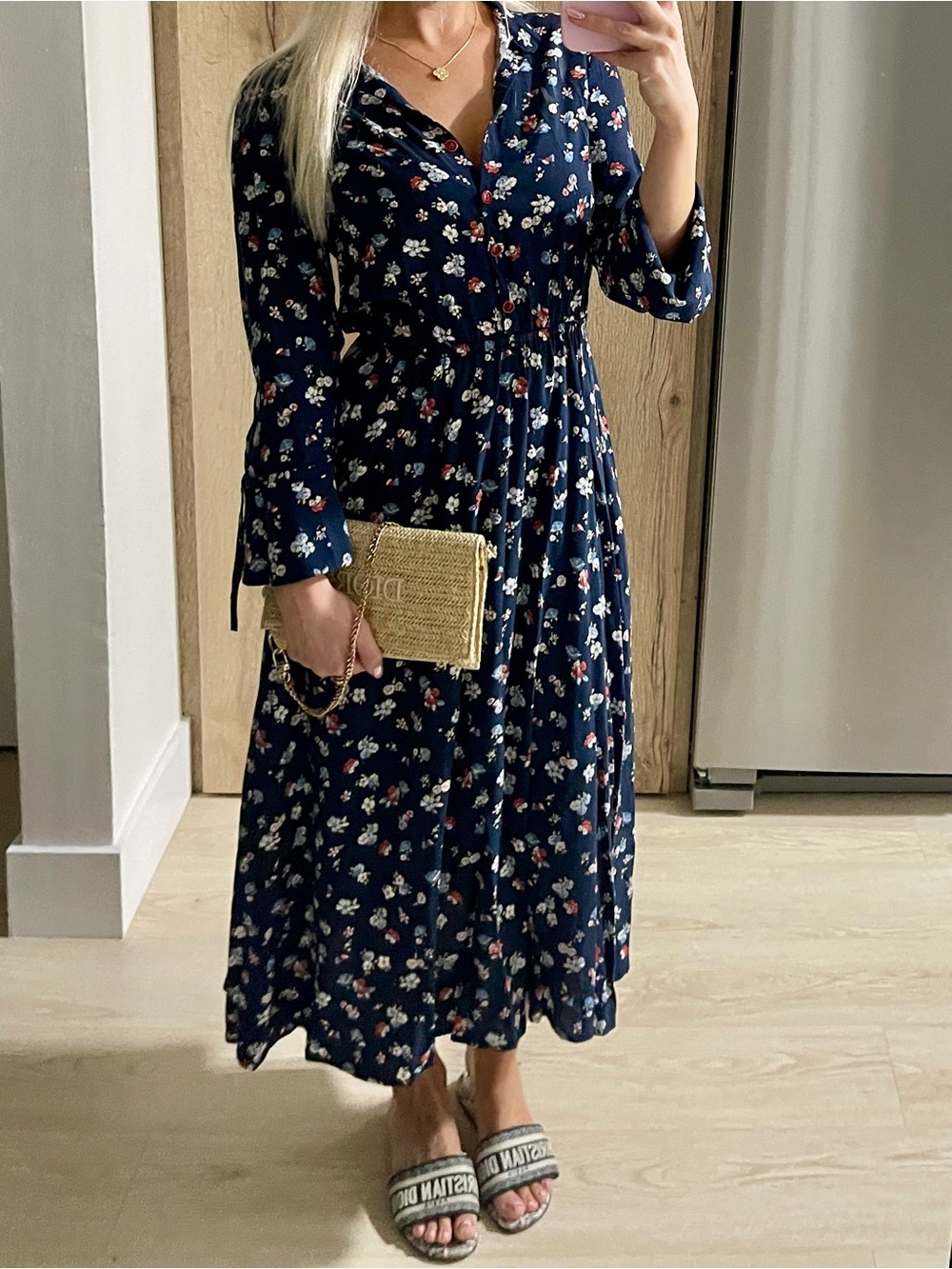 Women's Navy Floral Button-Front Midi Dress
